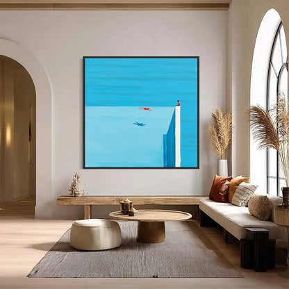 HORIZON'S EDGE: Minimalist Blue Seascape Painting with Figures | black frame version on white wall