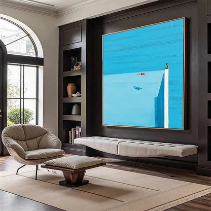 HORIZON'S EDGE: Minimalist Blue Seascape Painting with Figures | Minimalist mood, soft natural light studio shot