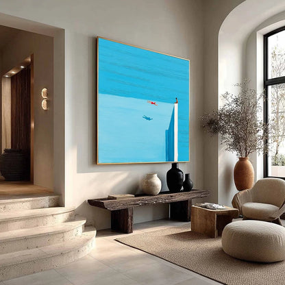 HORIZON'S EDGE: Minimalist Blue Seascape Painting with Figures | multi-color palette, original oil on stretched canvas art