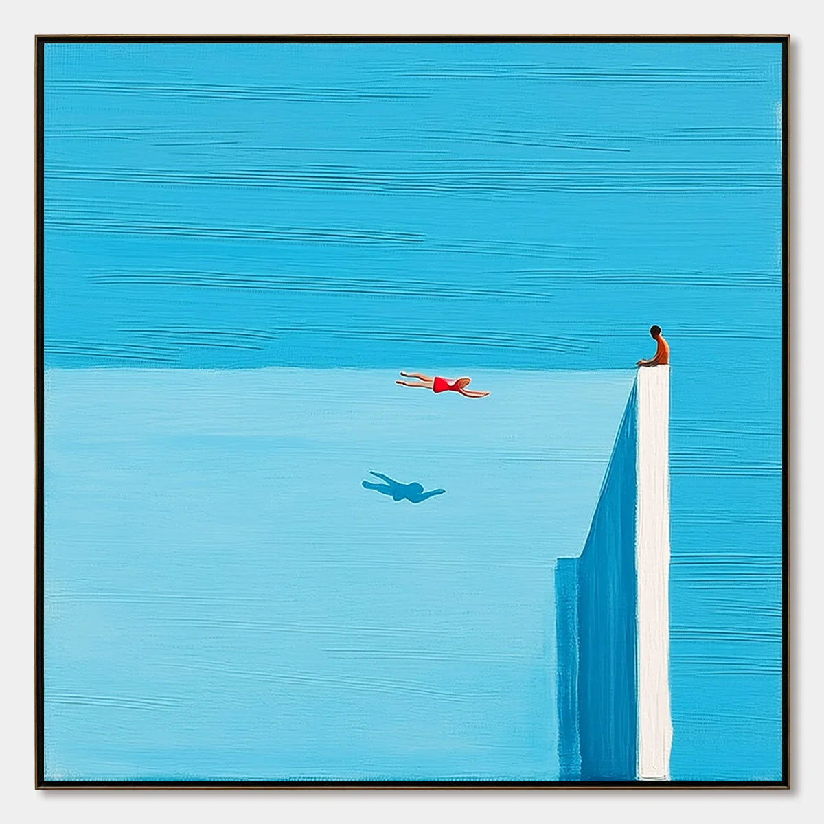 HORIZON'S EDGE: Minimalist Blue Seascape Painting with Figures | hanging in living room, Minimalist wall art
