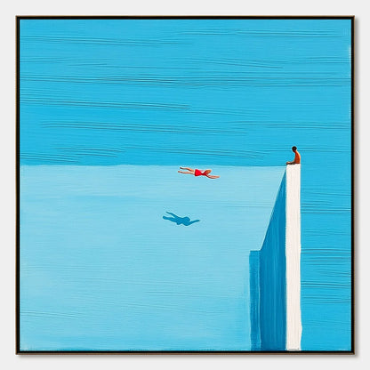 HORIZON'S EDGE: Minimalist Blue Seascape Painting with Figures | hanging in living room, Minimalist wall art