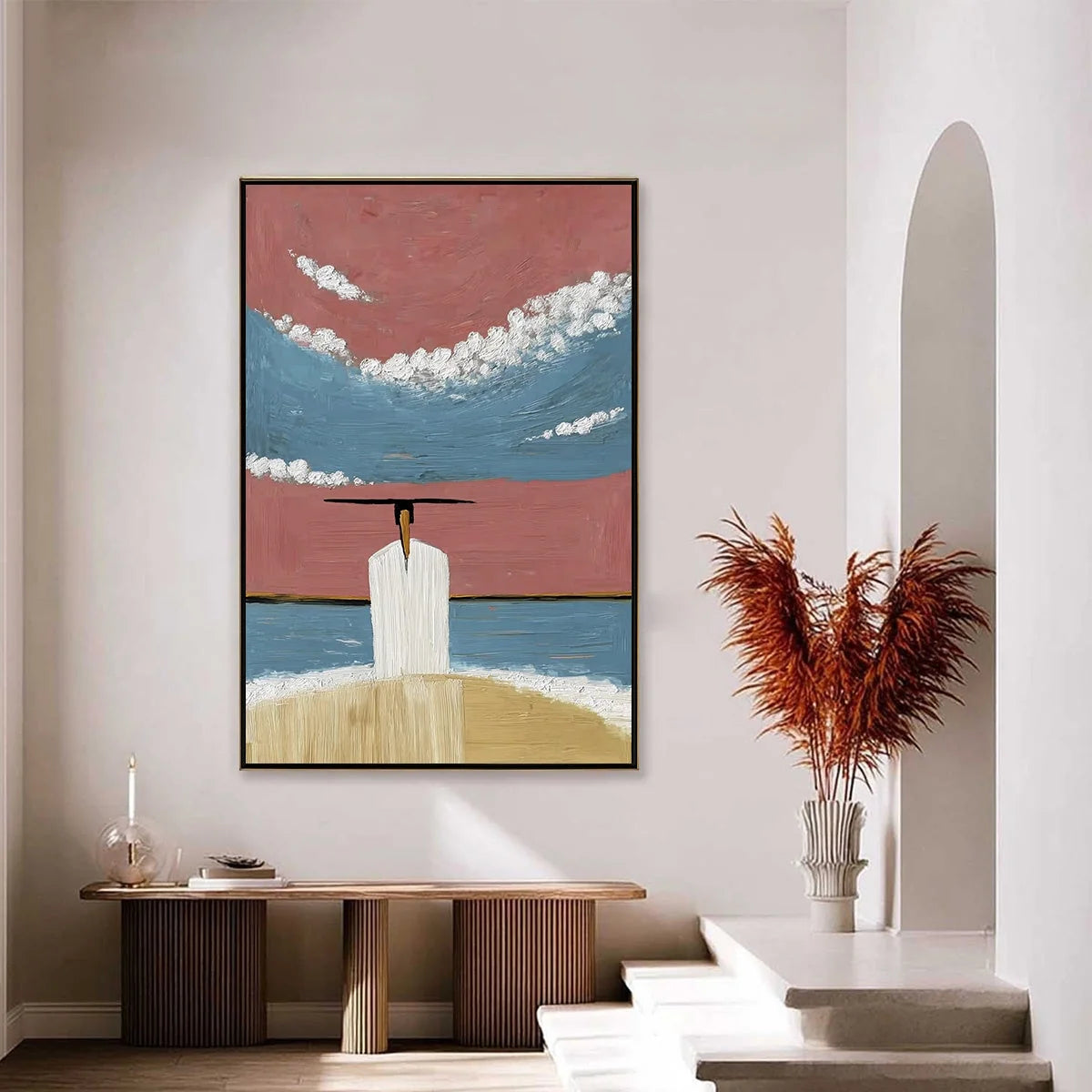 HORIZON'S EDGE: Textured Minimalist Abstract Seascape Painting | gold frame stretched on neutral wall
