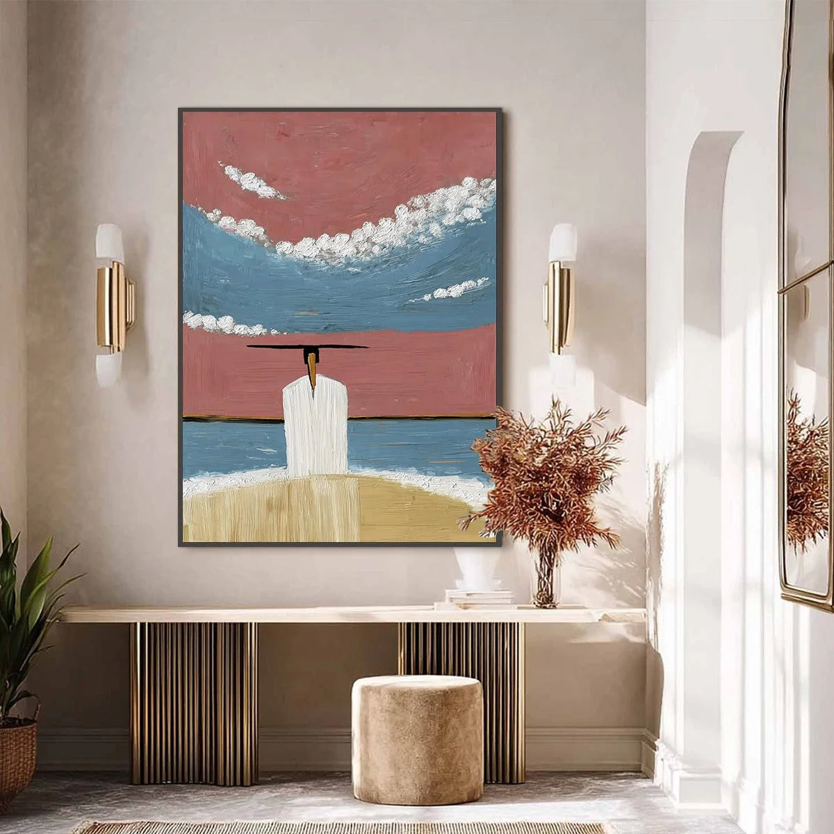 HORIZON'S EDGE: Textured Minimalist Abstract Seascape Painting | black frame version on white wall