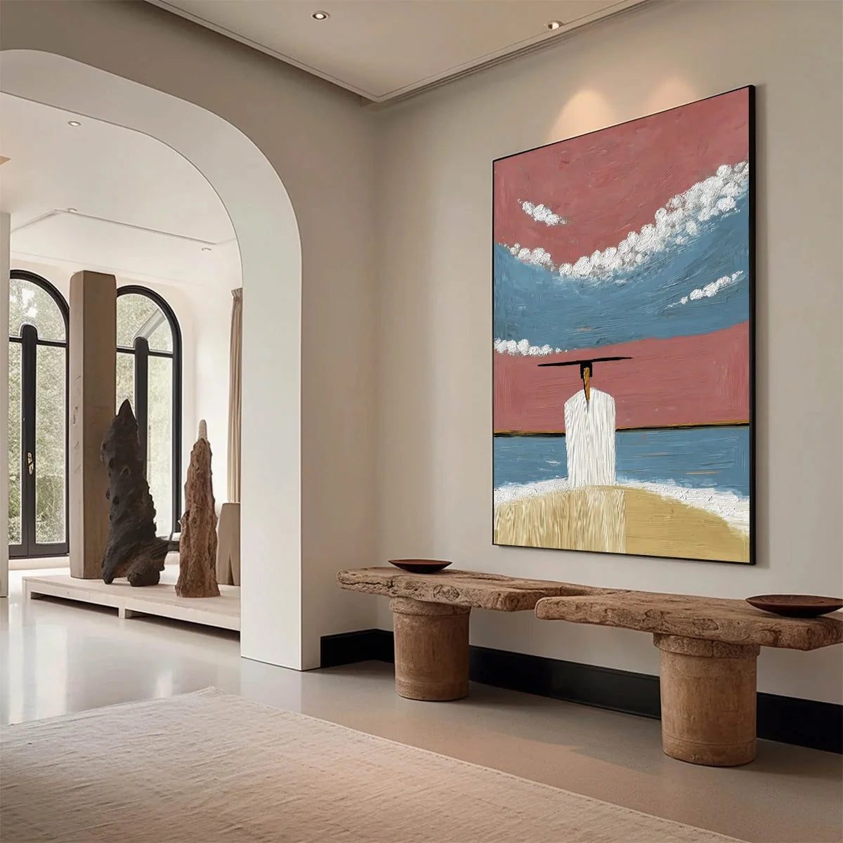 HORIZON'S EDGE: Textured Minimalist Abstract Seascape Painting | Minimalist mood, soft natural light studio shot