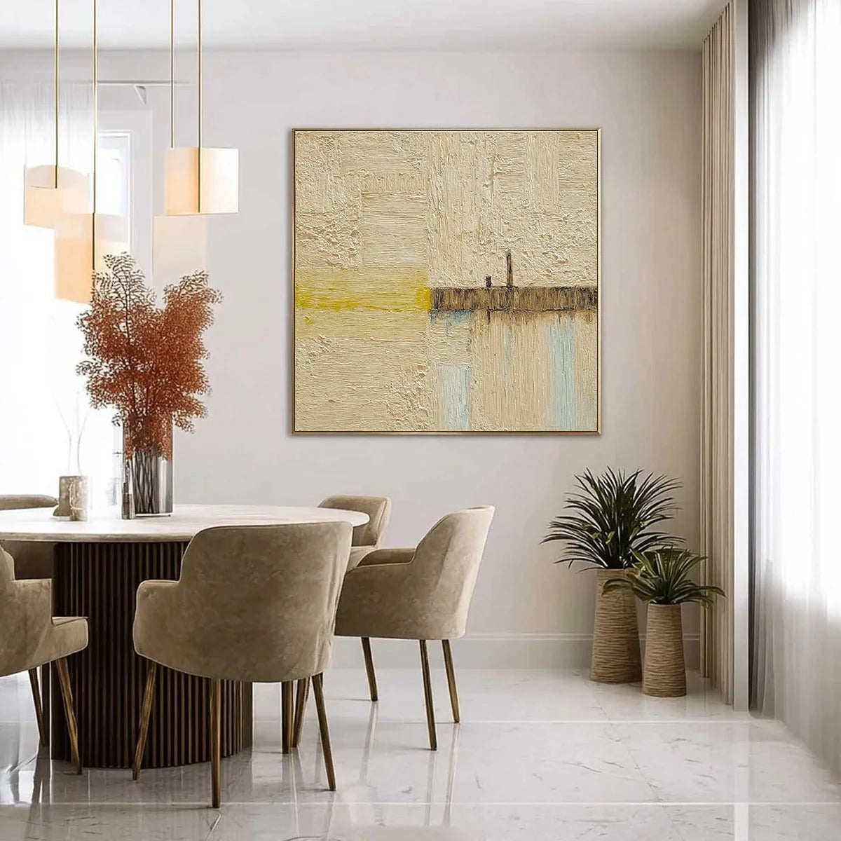 HORIZON'S EDGE: Textured Wabi-Sabi Abstract Seascape Painting | gold frame stretched on neutral wall