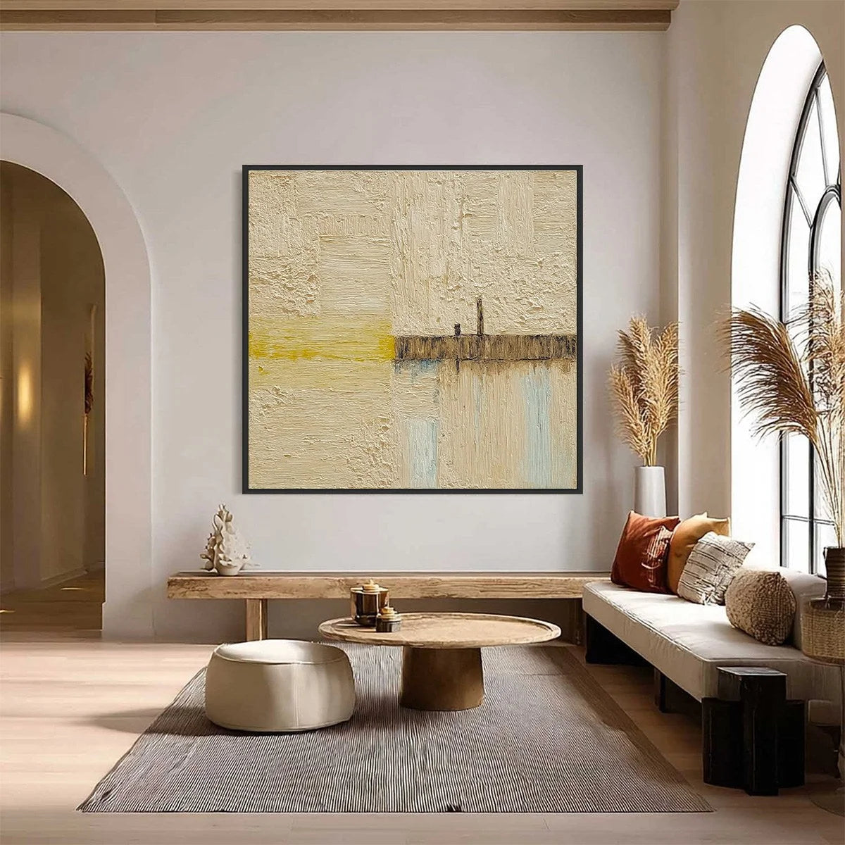 HORIZON'S EDGE: Textured Wabi-Sabi Abstract Seascape Painting | black frame version on white wall