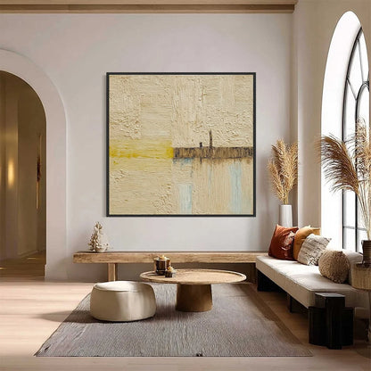 HORIZON'S EDGE: Textured Wabi-Sabi Abstract Seascape Painting | black frame version on white wall