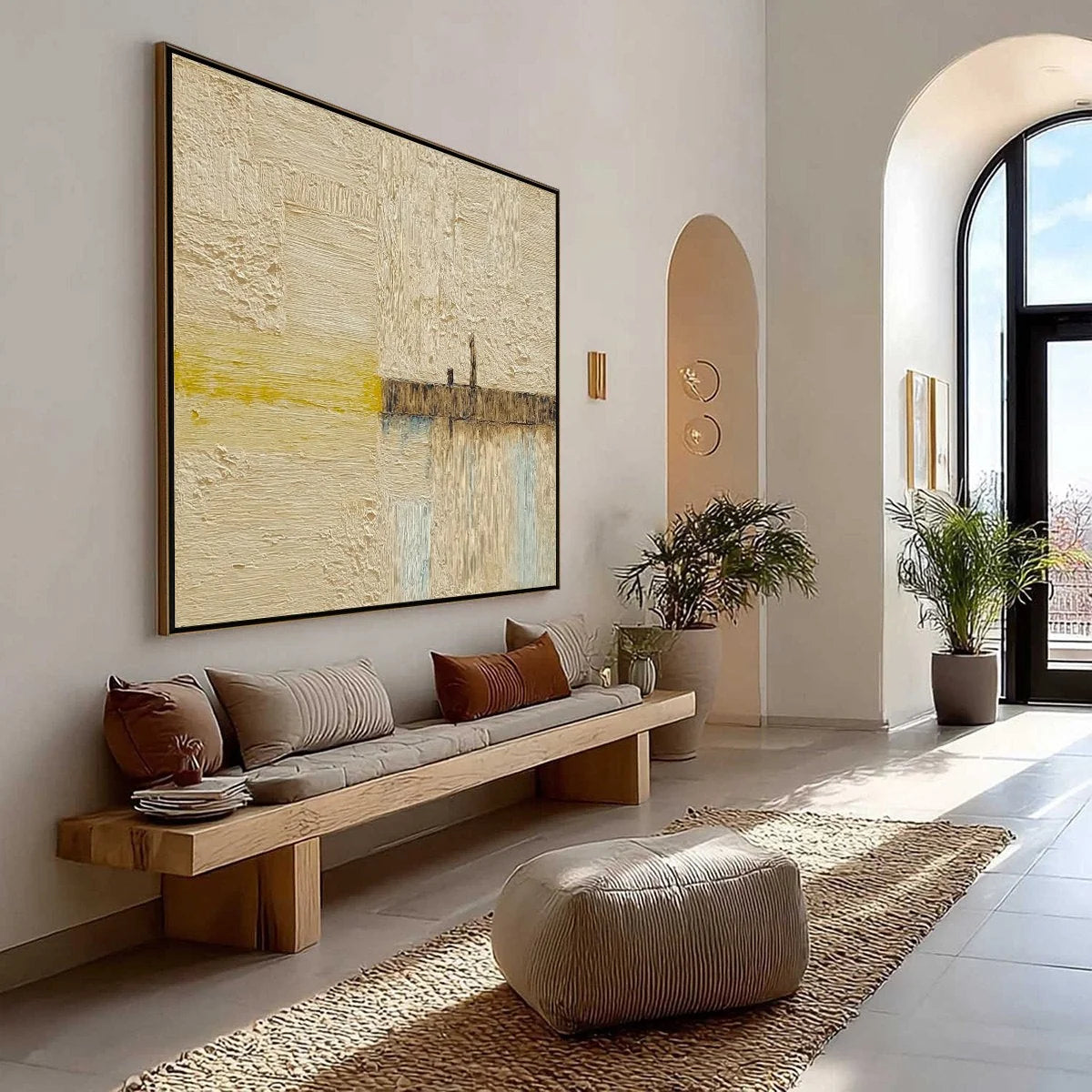 HORIZON'S EDGE: Textured Wabi-Sabi Abstract Seascape Painting | Abstract mood, soft natural light studio shot