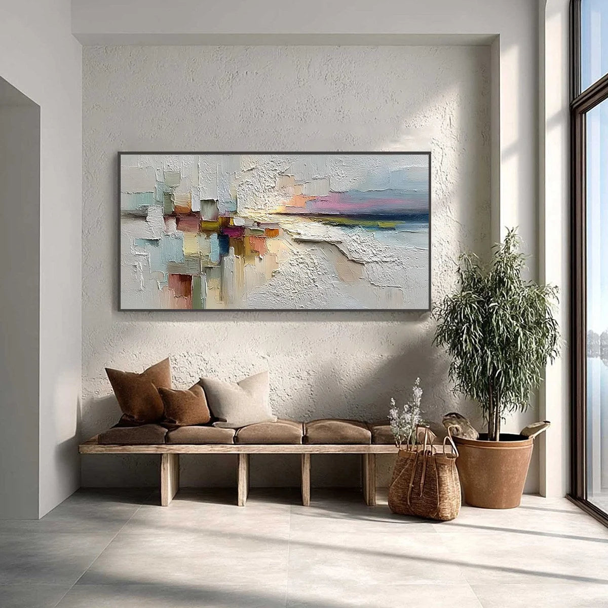 HORIZON'S EMBRACE: Heavily Textured Abstract Seascape Oil Painting | Abstract closeup, raised brushwork detail