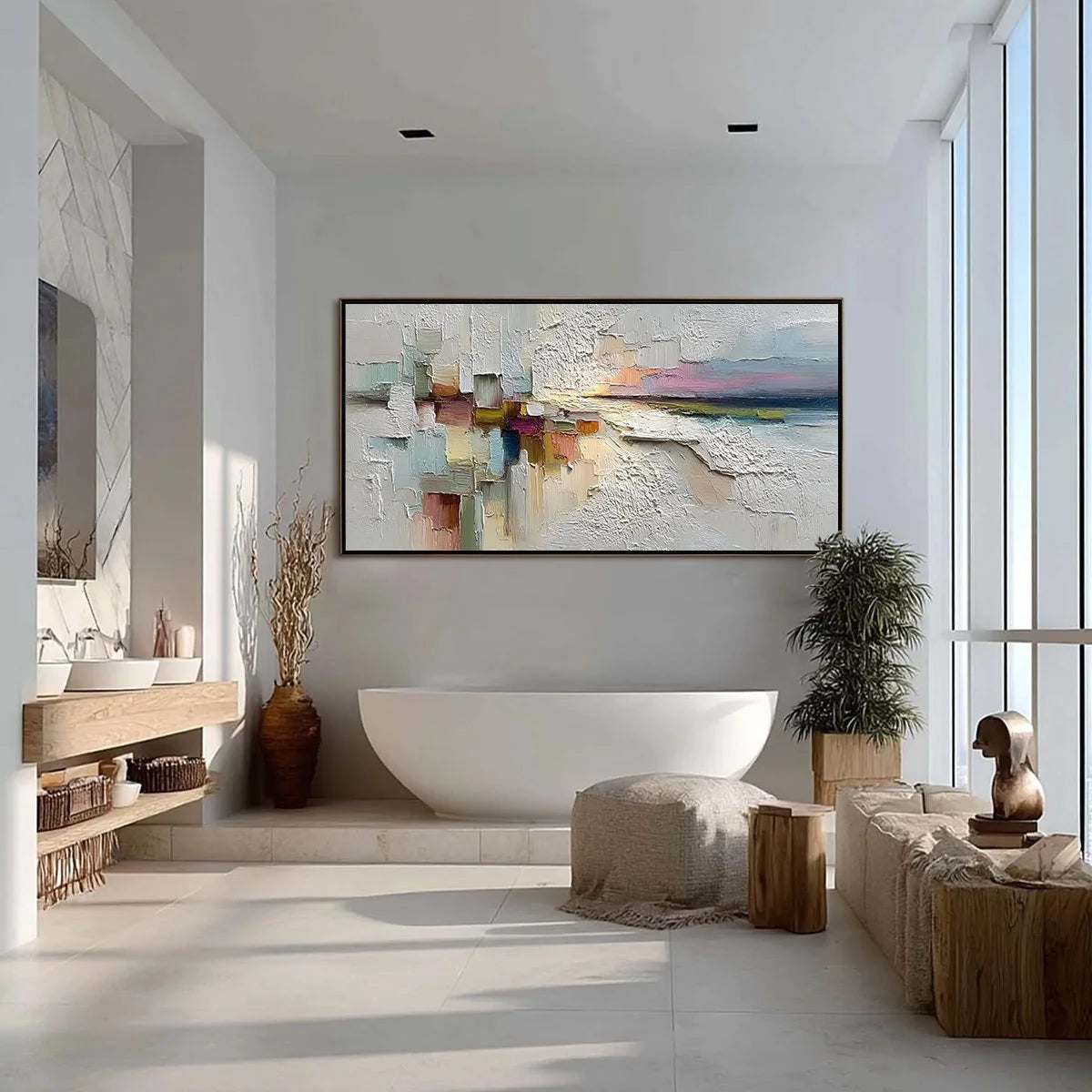 HORIZON'S EMBRACE: Heavily Textured Abstract Seascape Oil Painting | gold frame stretched on neutral wall