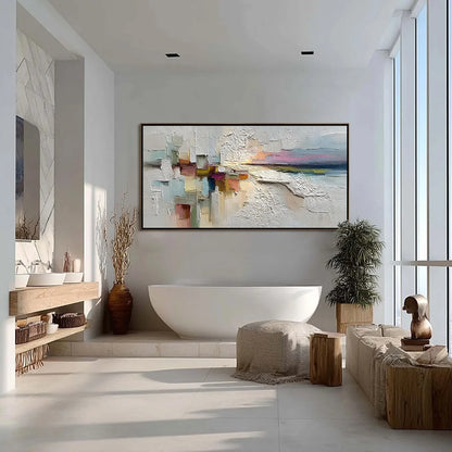 HORIZON'S EMBRACE: Heavily Textured Abstract Seascape Oil Painting | gold frame stretched on neutral wall