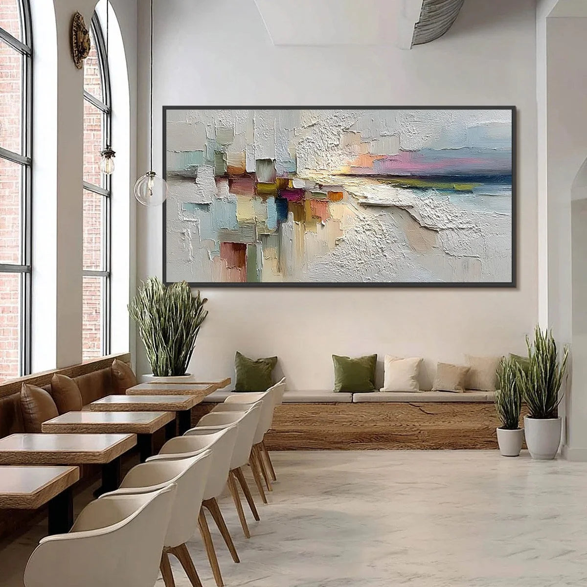 HORIZON'S EMBRACE: Heavily Textured Abstract Seascape Oil Painting | black frame version on white wall