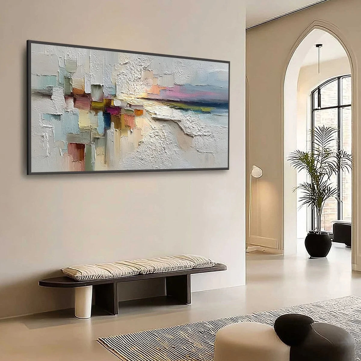 HORIZON'S EMBRACE: Heavily Textured Abstract Seascape Oil Painting | Abstract mood, soft natural light studio shot