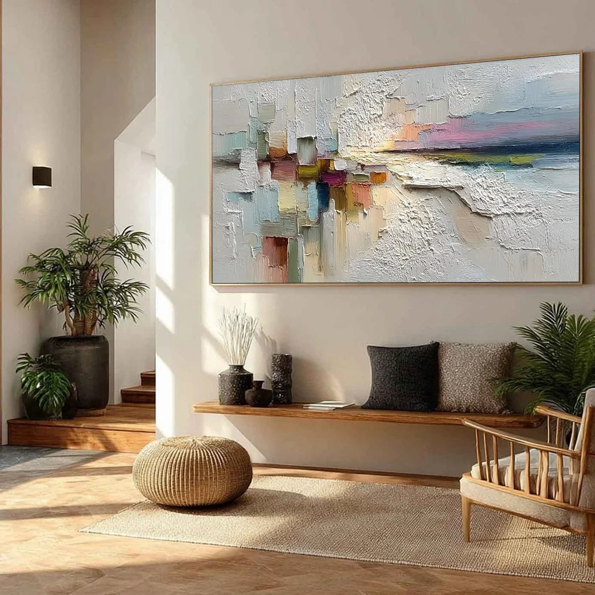 HORIZON'S EMBRACE: Heavily Textured Abstract Seascape Oil Painting | multi-color palette, original oil on stretched canvas art