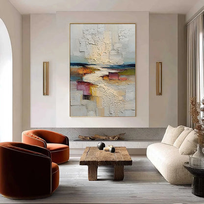 HORIZON'S EMBRACE: Heavily Textured Vertical Abstract Seascape Painting | Abstract closeup, raised brushwork detail