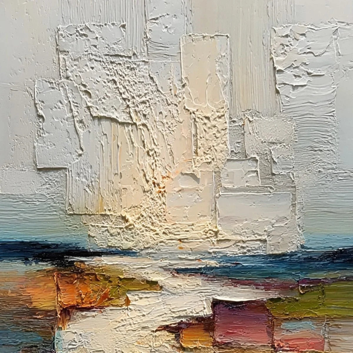 HORIZON'S EMBRACE: Heavily Textured Vertical Abstract Seascape Painting | rectangular format, hand-painted canvas edge