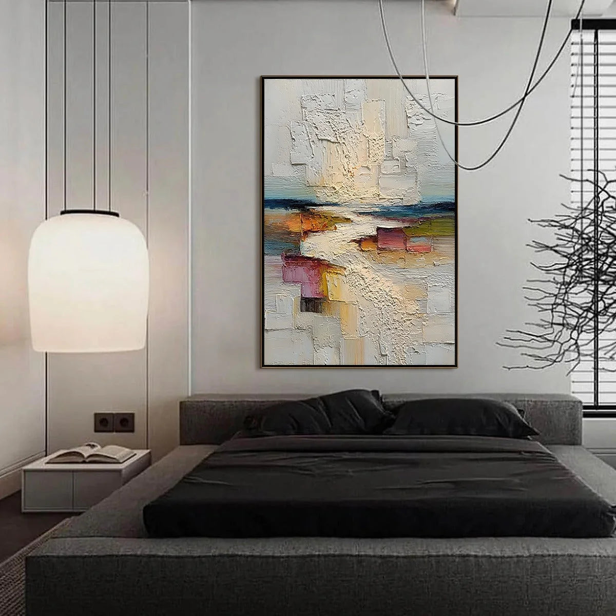 HORIZON'S EMBRACE: Heavily Textured Vertical Abstract Seascape Painting | gold frame stretched on neutral wall