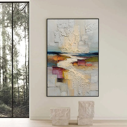 HORIZON'S EMBRACE: Heavily Textured Vertical Abstract Seascape Painting | black frame version on white wall