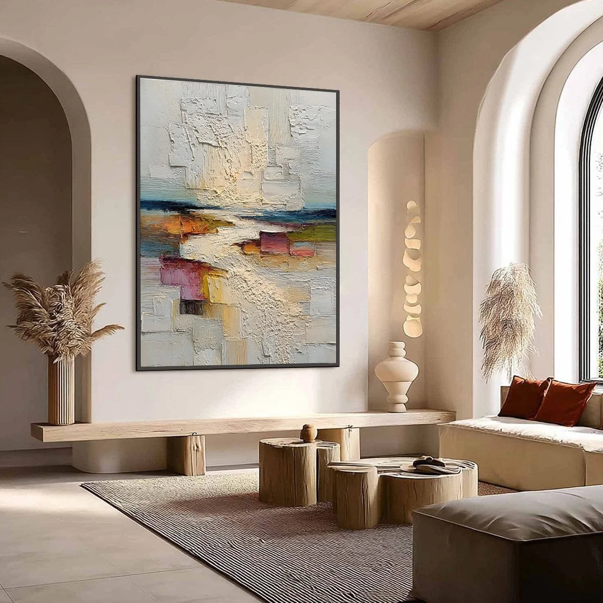 HORIZON'S EMBRACE: Heavily Textured Vertical Abstract Seascape Painting | Abstract mood, soft natural light studio shot