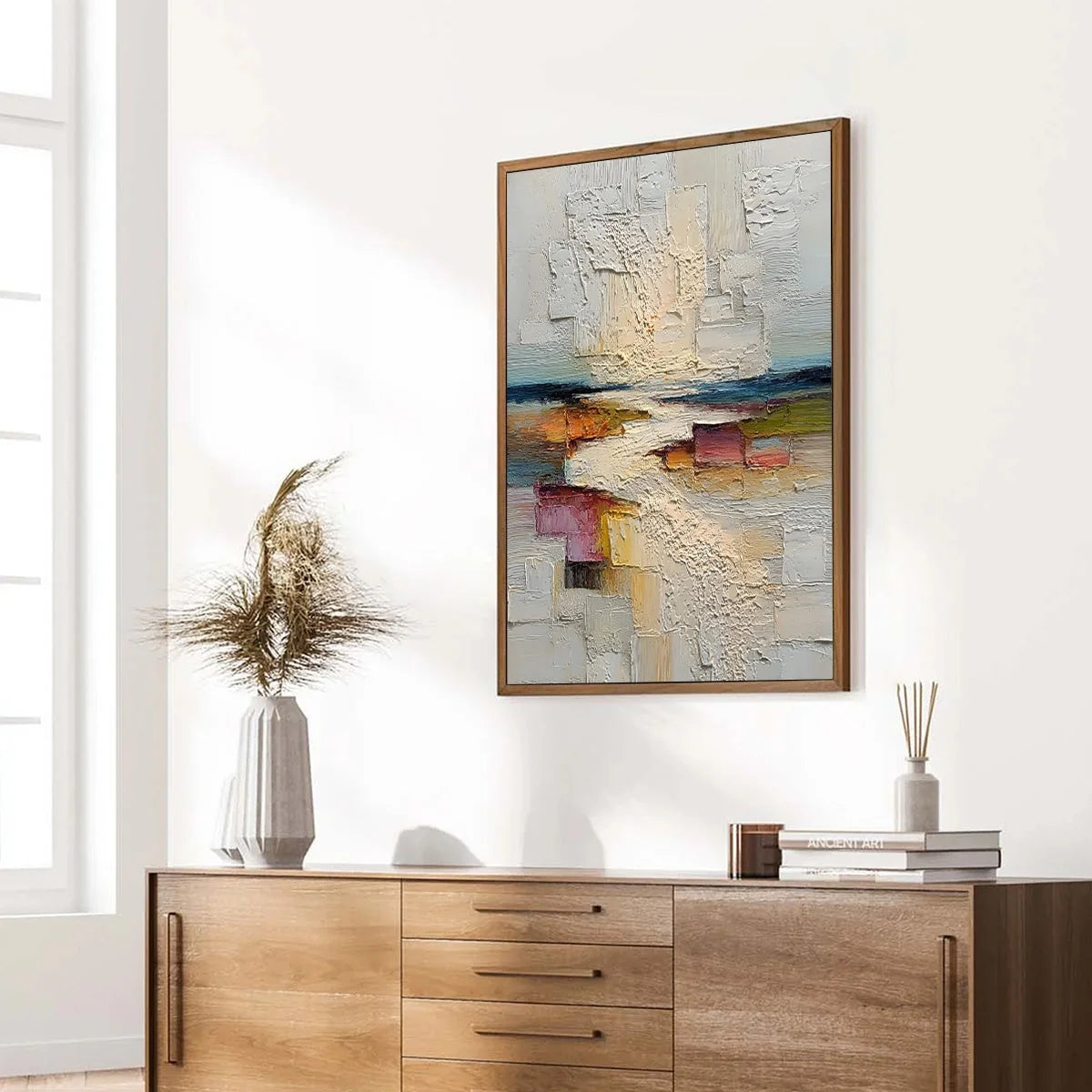 HORIZON'S EMBRACE: Heavily Textured Vertical Abstract Seascape Painting | multi-color palette, original oil on stretched canvas art