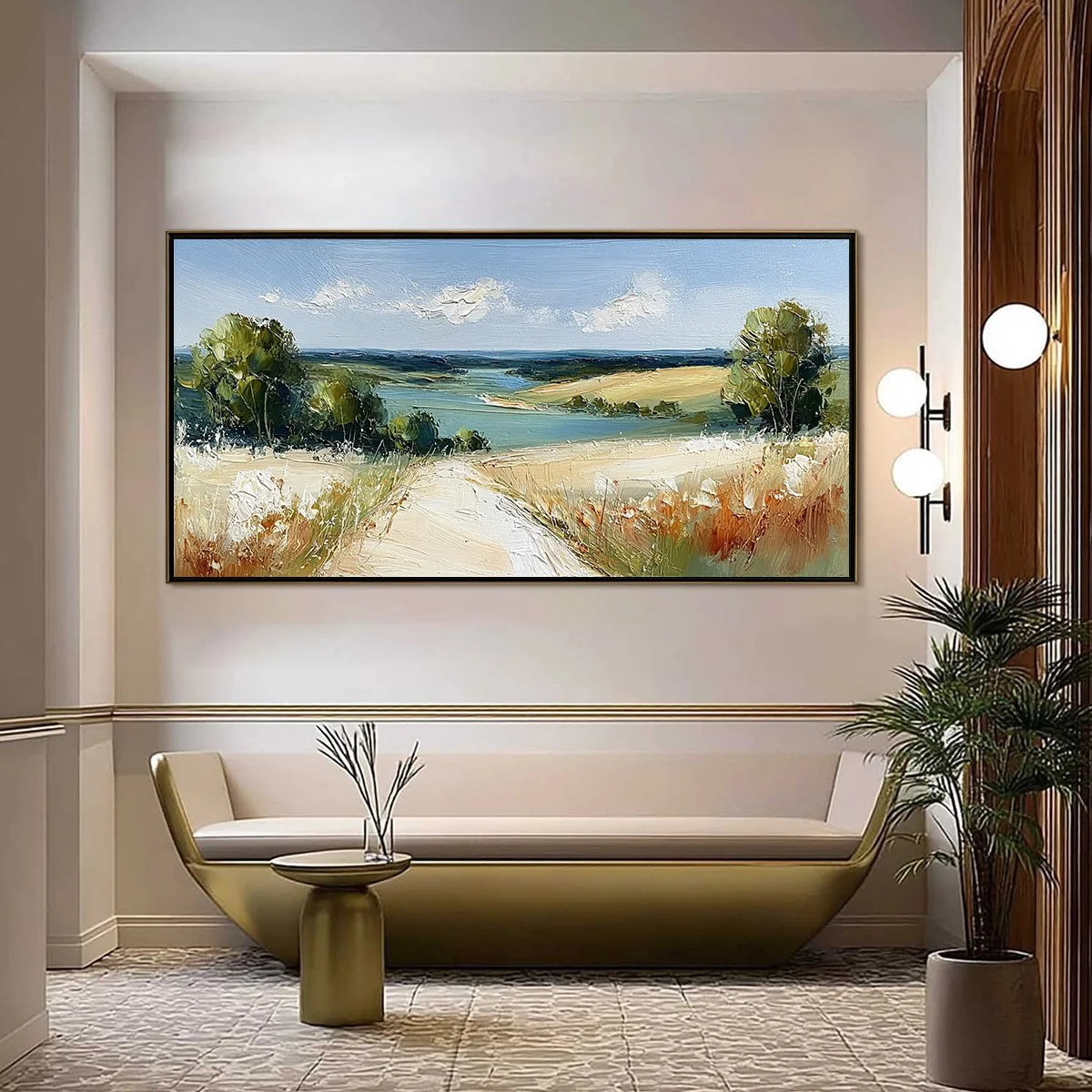 HORIZON'S EMBRACE: Textured Impasto Countryside Landscape Oil Painting | gold frame stretched on neutral wall