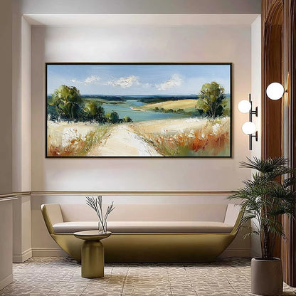 HORIZON'S EMBRACE: Textured Impasto Countryside Landscape Oil Painting | gold frame stretched on neutral wall