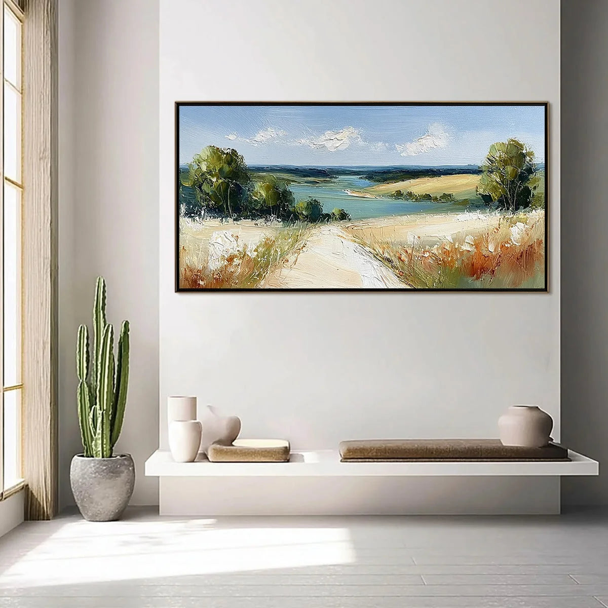 HORIZON'S EMBRACE: Textured Impasto Countryside Landscape Oil Painting | black frame version on white wall