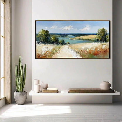 HORIZON'S EMBRACE: Textured Impasto Countryside Landscape Oil Painting | black frame version on white wall