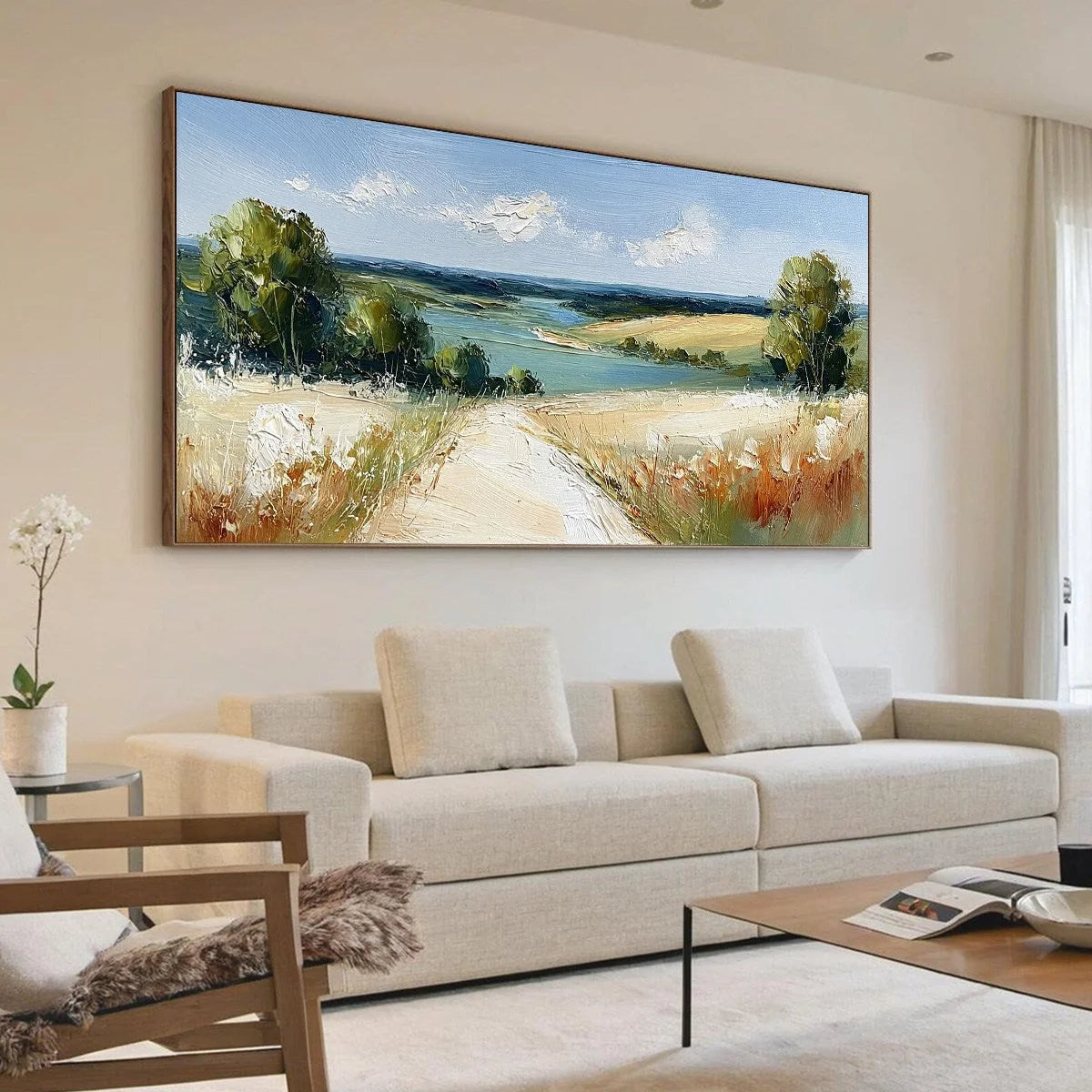 HORIZON'S EMBRACE: Textured Impasto Countryside Landscape Oil Painting | Landscape mood, soft natural light studio shot