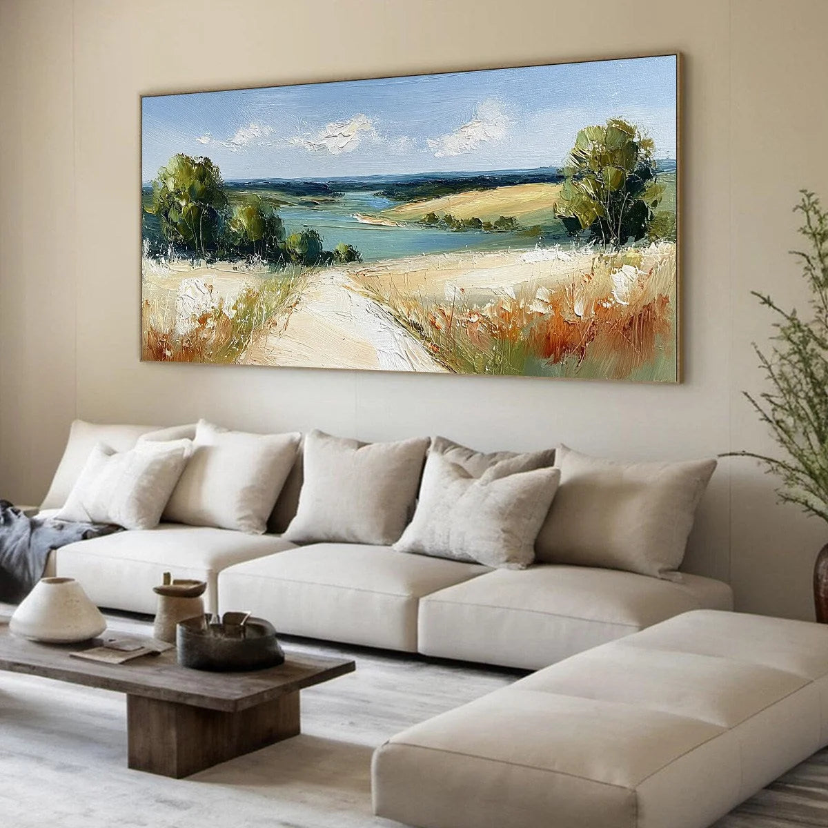 HORIZON'S EMBRACE: Textured Impasto Countryside Landscape Oil Painting | multi-color palette, original oil on stretched canvas art
