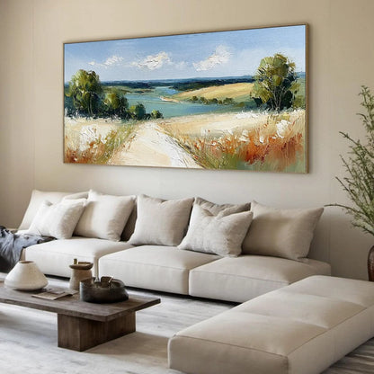 HORIZON'S EMBRACE: Textured Impasto Countryside Landscape Oil Painting | multi-color palette, original oil on stretched canvas art