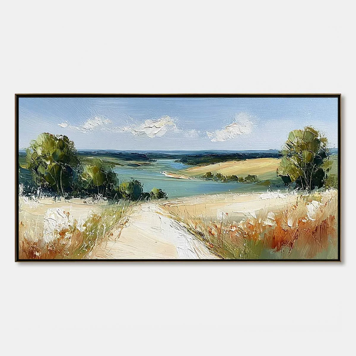 HORIZON'S EMBRACE: Textured Impasto Countryside Landscape Oil Painting | hanging in living room, Landscape wall art