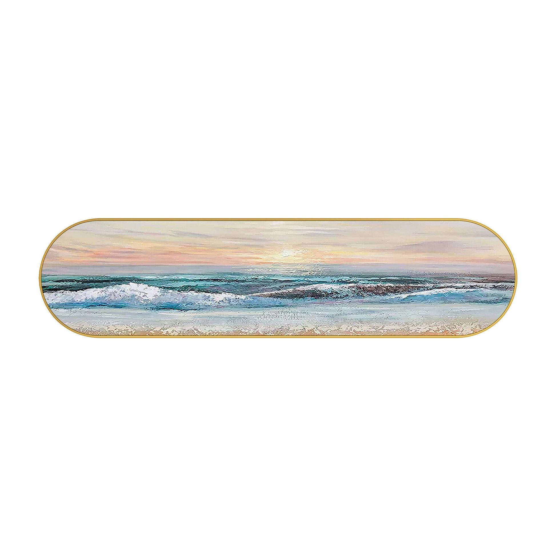 Horizontaal zeegezicht: ovaal ingelijste muurkunst zonsopgang op het strand #18