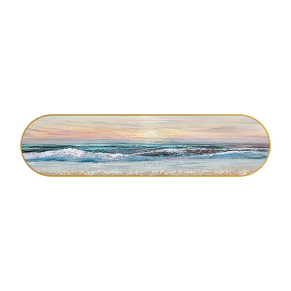 Horizontaal zeegezicht: ovaal ingelijste muurkunst zonsopgang op het strand #18