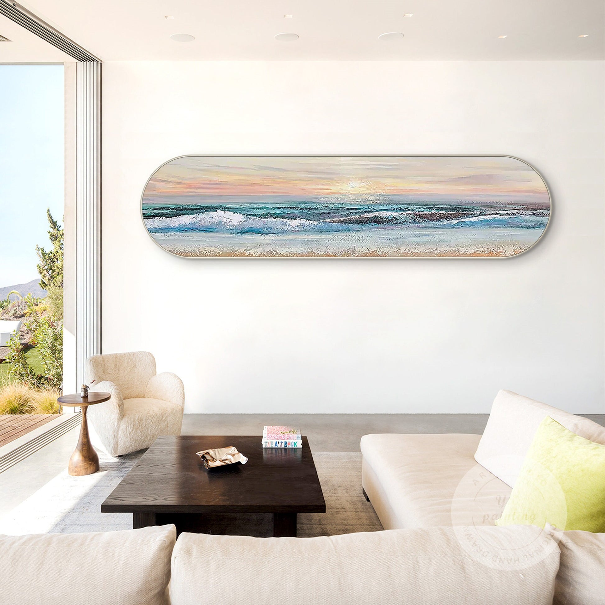 Horizontaal zeegezicht: ovaal ingelijste muurkunst zonsopgang op het strand #6