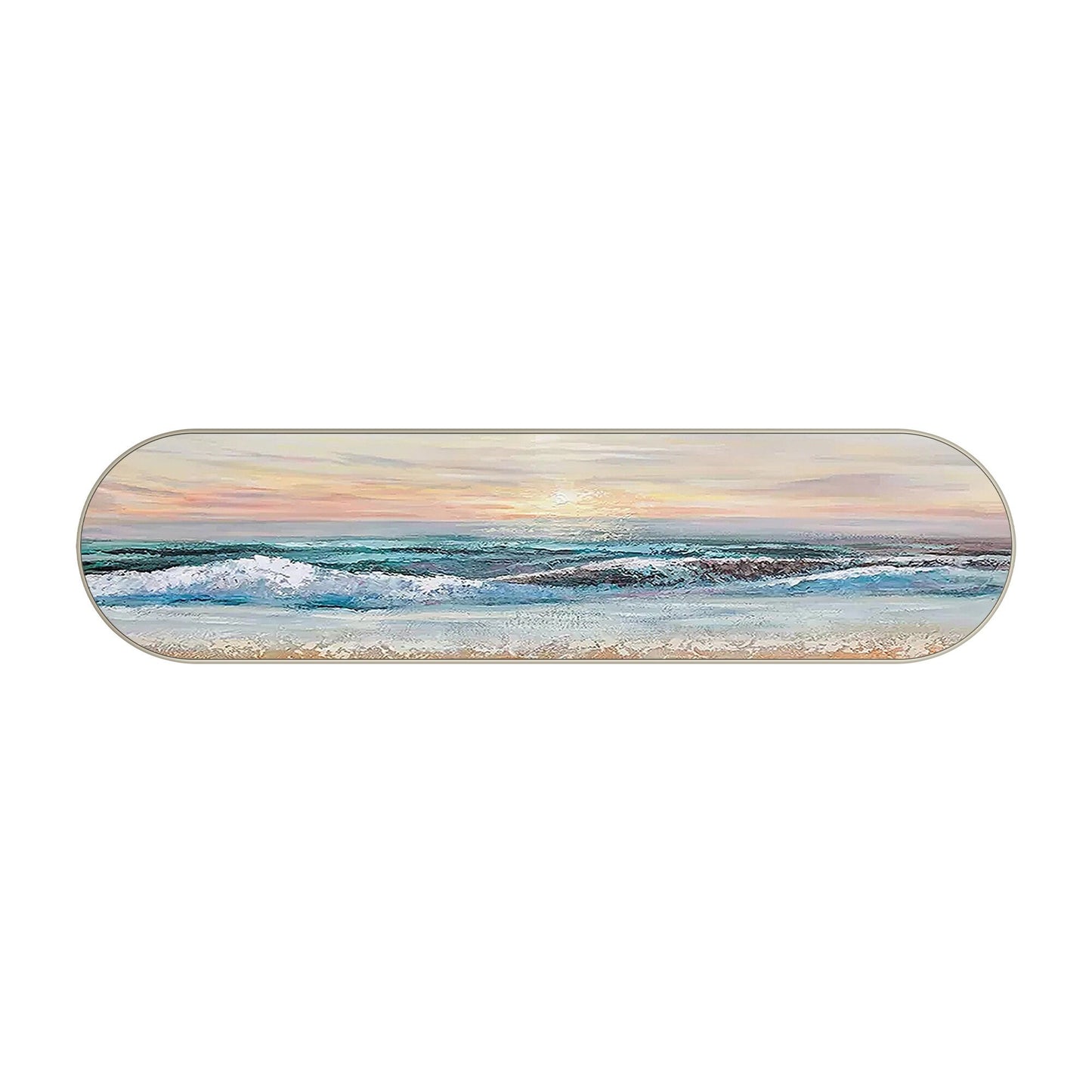 Horizontaal zeegezicht: ovaal ingelijste muurkunst zonsopgang op het strand #9