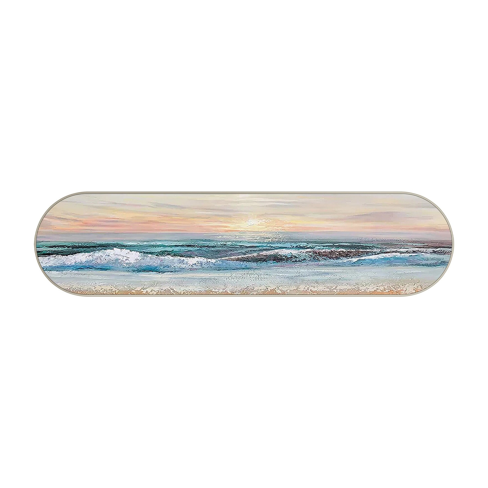 Horizontaal zeegezicht: ovaal ingelijste muurkunst zonsopgang op het strand #9