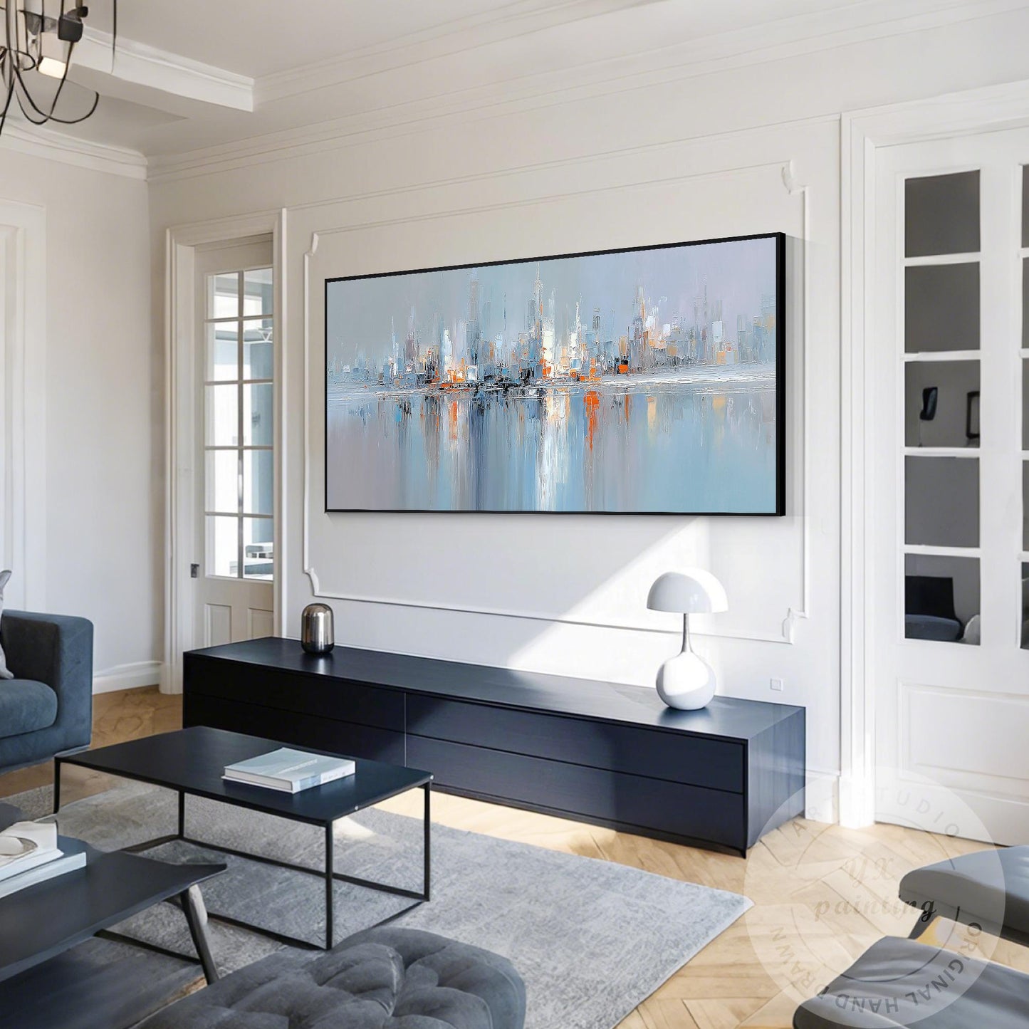 Horizontal Abstract Cityscape Painting on Canvas – Large Modern Skyline Wall Art #2