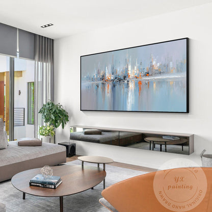 Horizontal Abstract Cityscape Painting on Canvas – Large Modern Skyline Wall Art #3