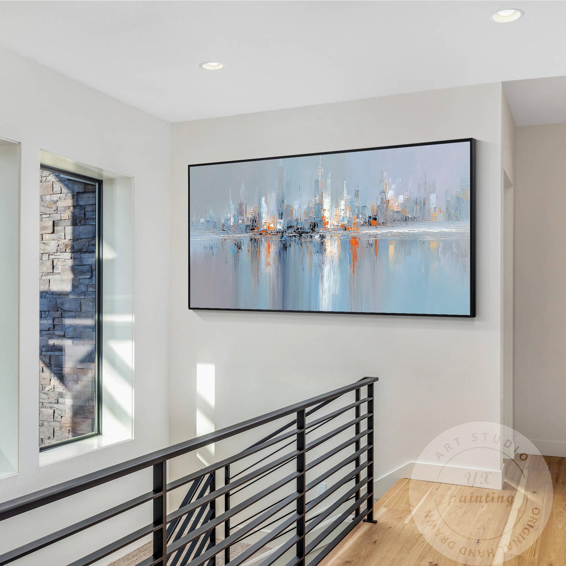 Horizontal Abstract Cityscape Painting on Canvas – Large Modern Skyline Wall Art #4