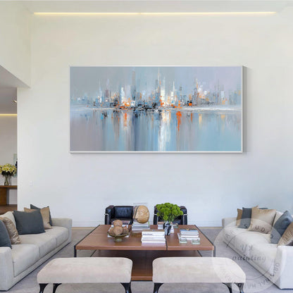 Horizontal Abstract Cityscape Painting on Canvas – Large Modern Skyline Wall Art #5