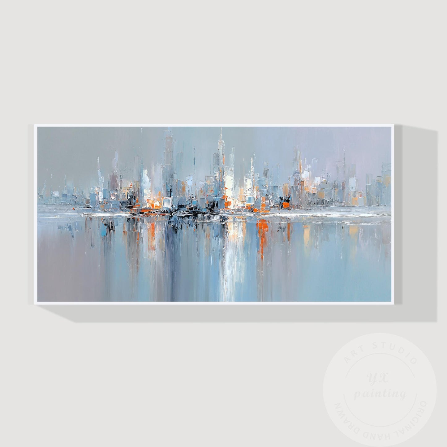 Horizontal Abstract Cityscape Painting on Canvas – Large Modern Skyline Wall Art #6