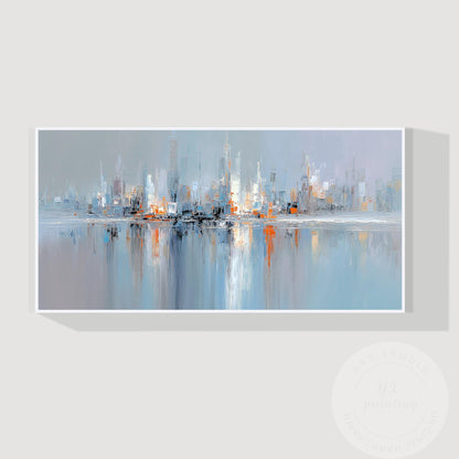 Horizontal Abstract Cityscape Painting on Canvas – Large Modern Skyline Wall Art #6