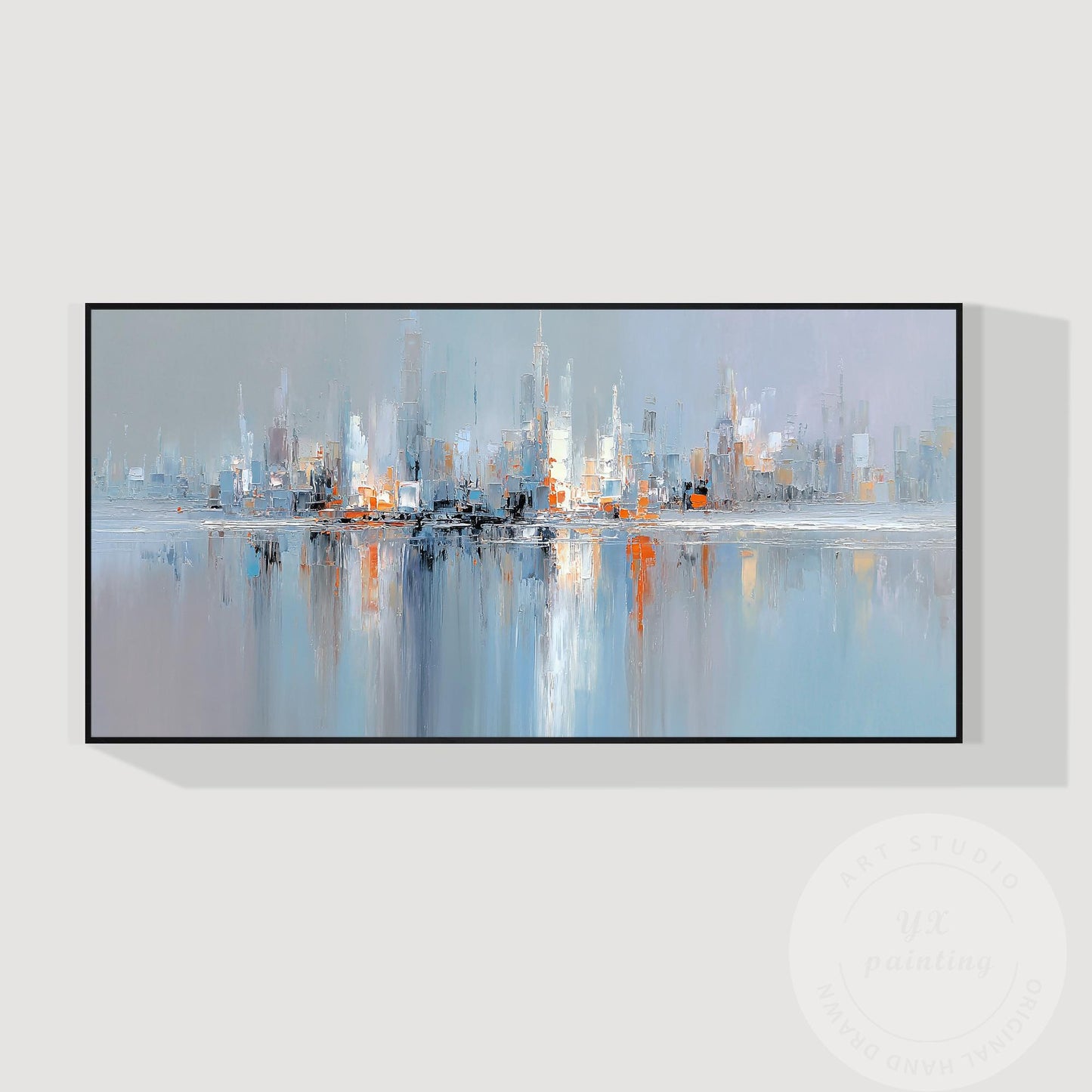 Horizontal Abstract Cityscape Painting on Canvas – Large Modern Skyline Wall Art #7