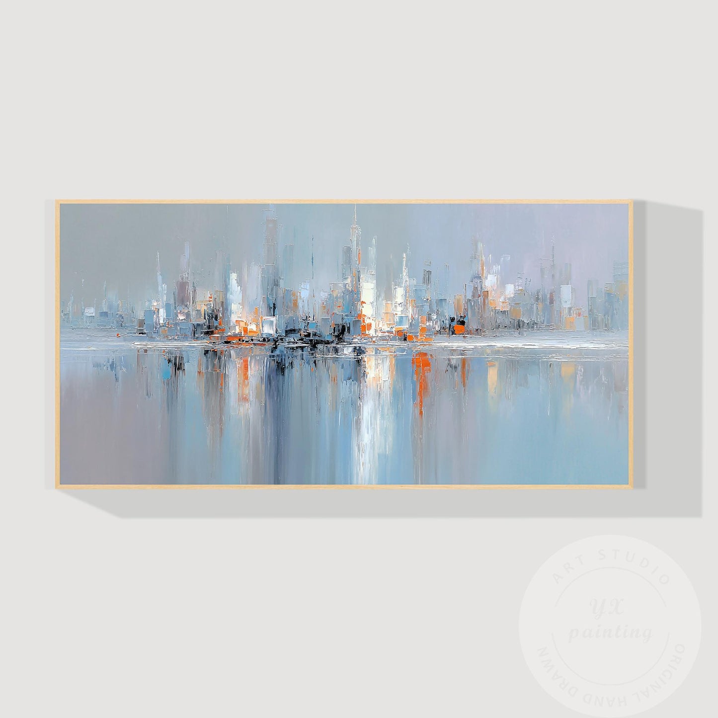 Horizontal Abstract Cityscape Painting on Canvas – Large Modern Skyline Wall Art #8