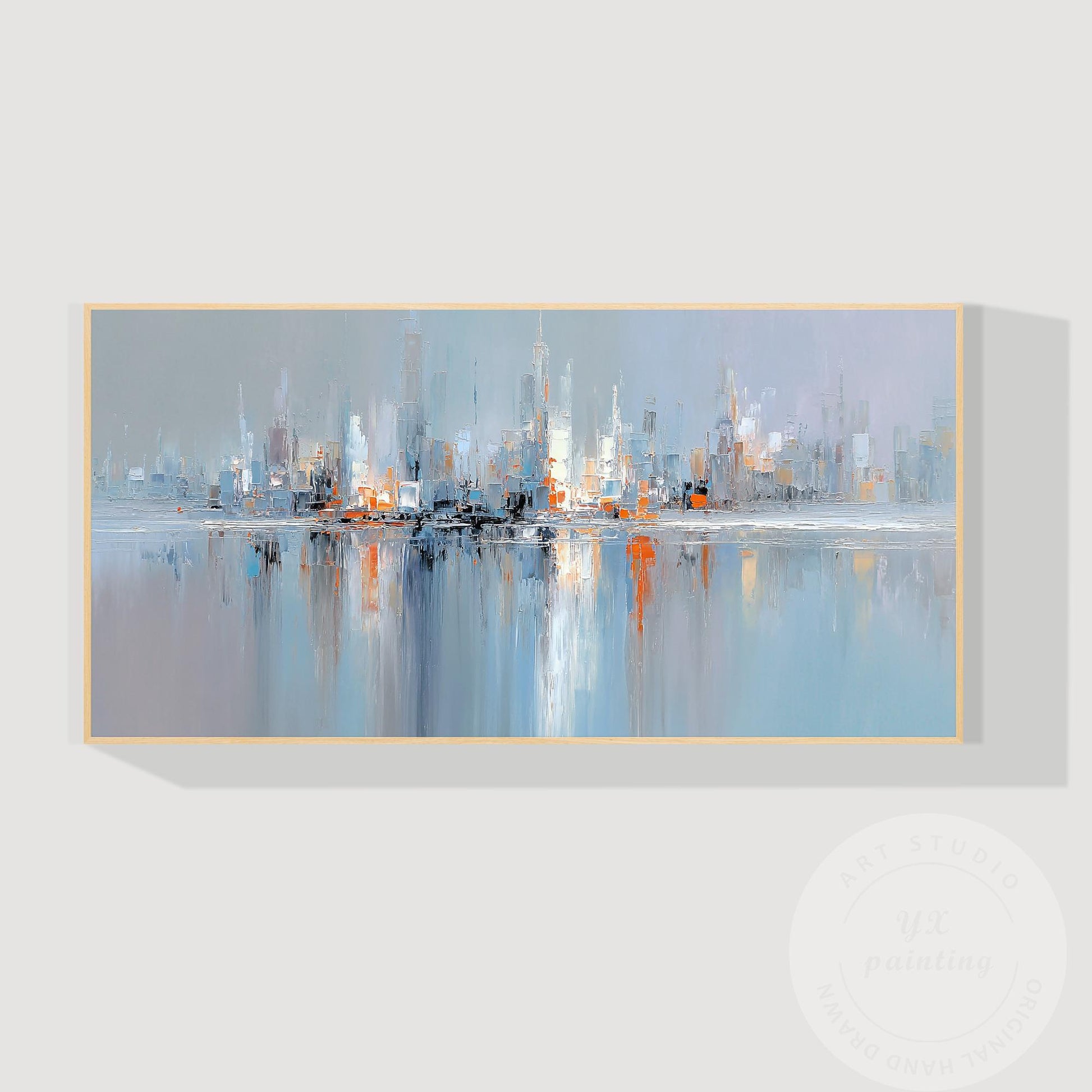 Horizontal Abstract Cityscape Painting on Canvas – Large Modern Skyline Wall Art #8