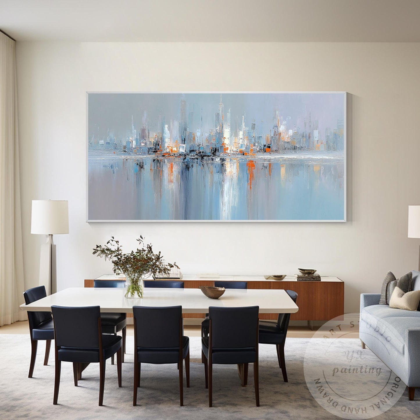 Horizontal Abstract Cityscape Painting on Canvas – Large Modern Skyline Wall Art #1