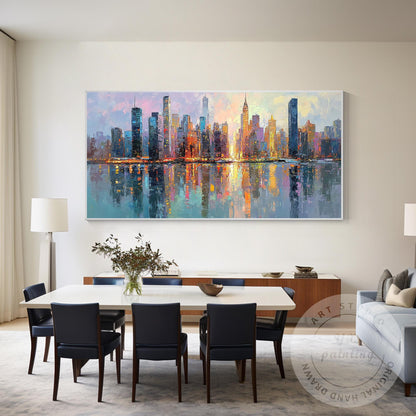 Horizontal Abstract NYC Cityscape Canvas – Huge New York Skyline Painting, Hand  #1