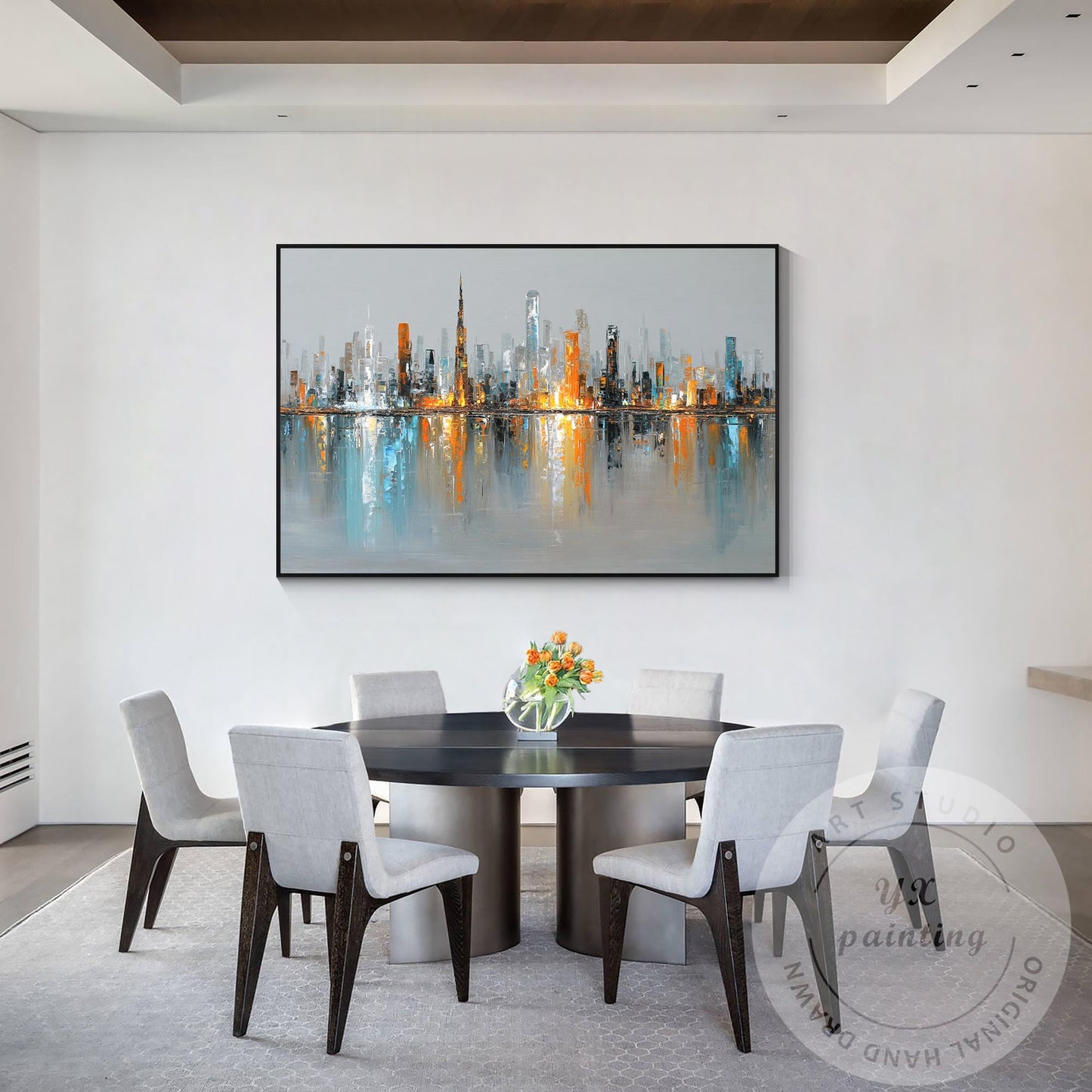Horizontal Dubai Skyline Wall Art – Huge Abstract Cityscape Painting with Metall #2