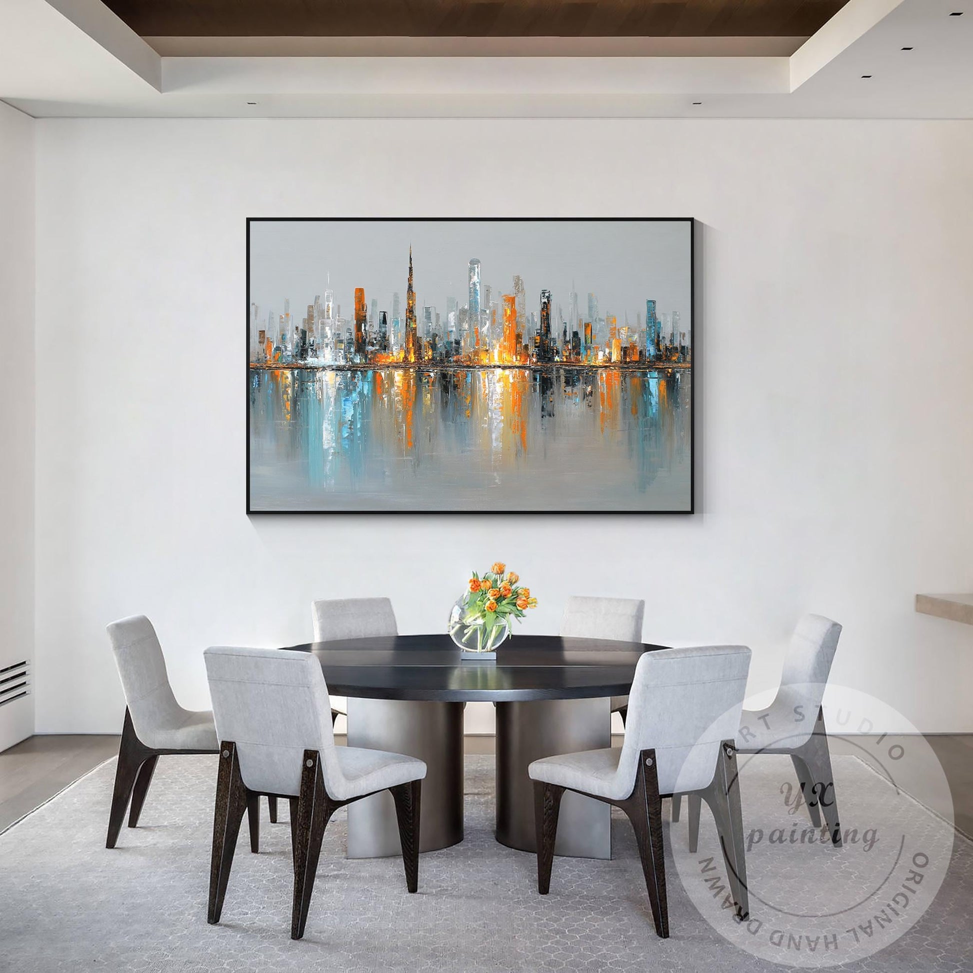 Horizontal Dubai Skyline Wall Art – Huge Abstract Cityscape Painting with Metall #2